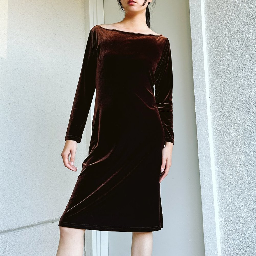 Y2K Brown Off Shoulder Velvet Dress